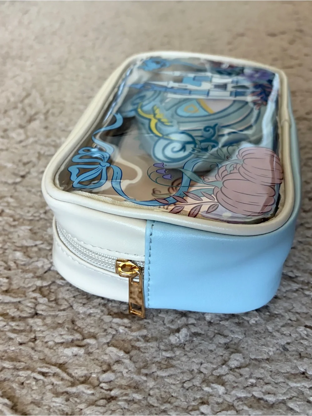 Disney Clear Cosmetic Bag with Pastel Pink Pumpkins & Blue Castle